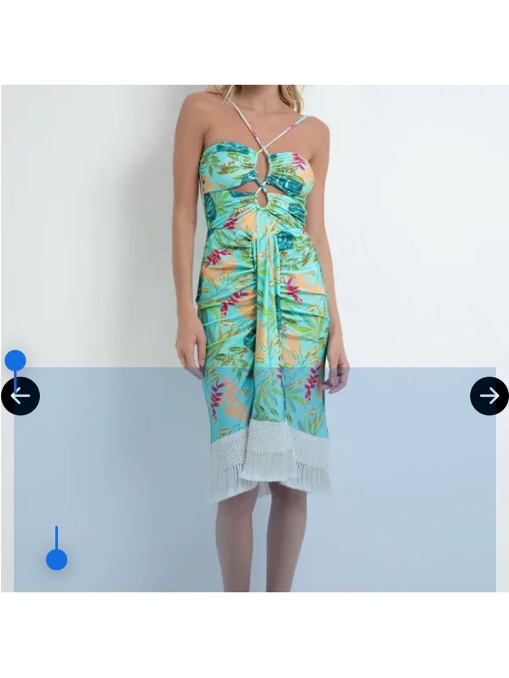PatBO Aqua and Green Tropical Halter Midi Dress with Fringe